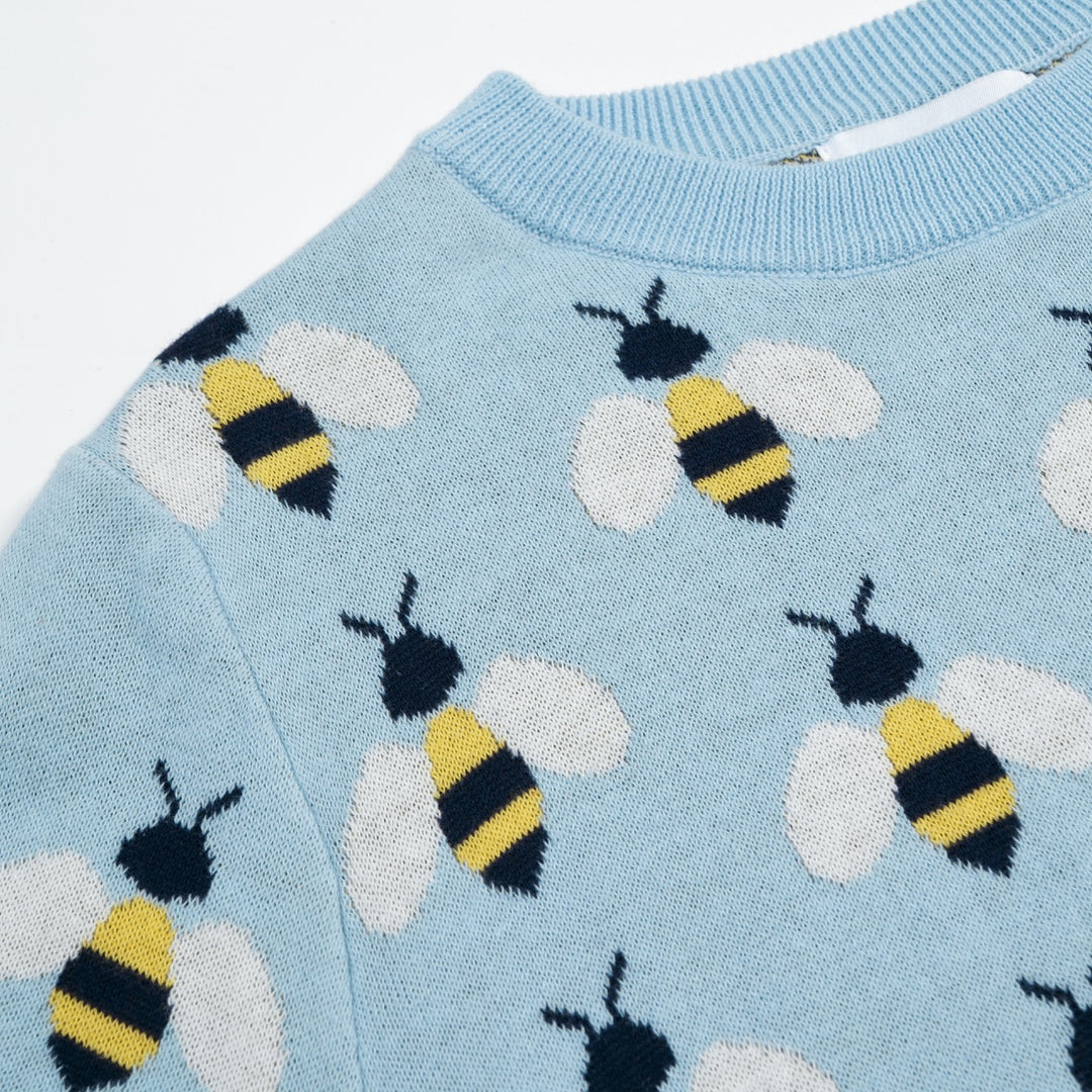 Women's Blue Vintage Bee Jacquard Knit T-Shirt - Cropped Length