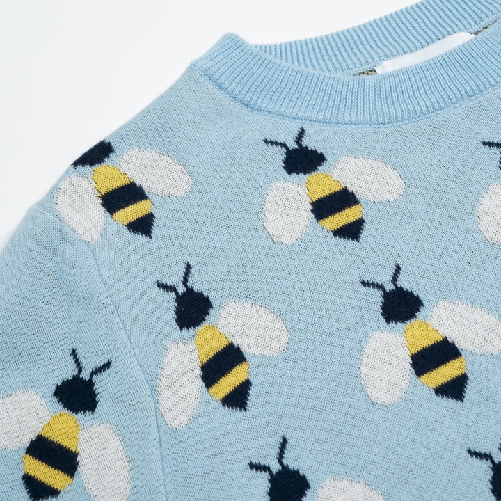 Women's Blue Vintage Bee Jacquard Knit T-Shirt - Cropped Length