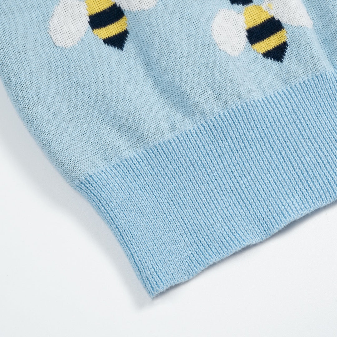 Women's Blue Vintage Bee Jacquard Knit T-Shirt - Cropped Length