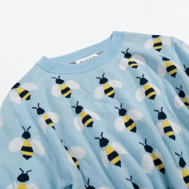 Women's Blue Vintage Bee Jacquard Knit T-Shirt - Cropped Length