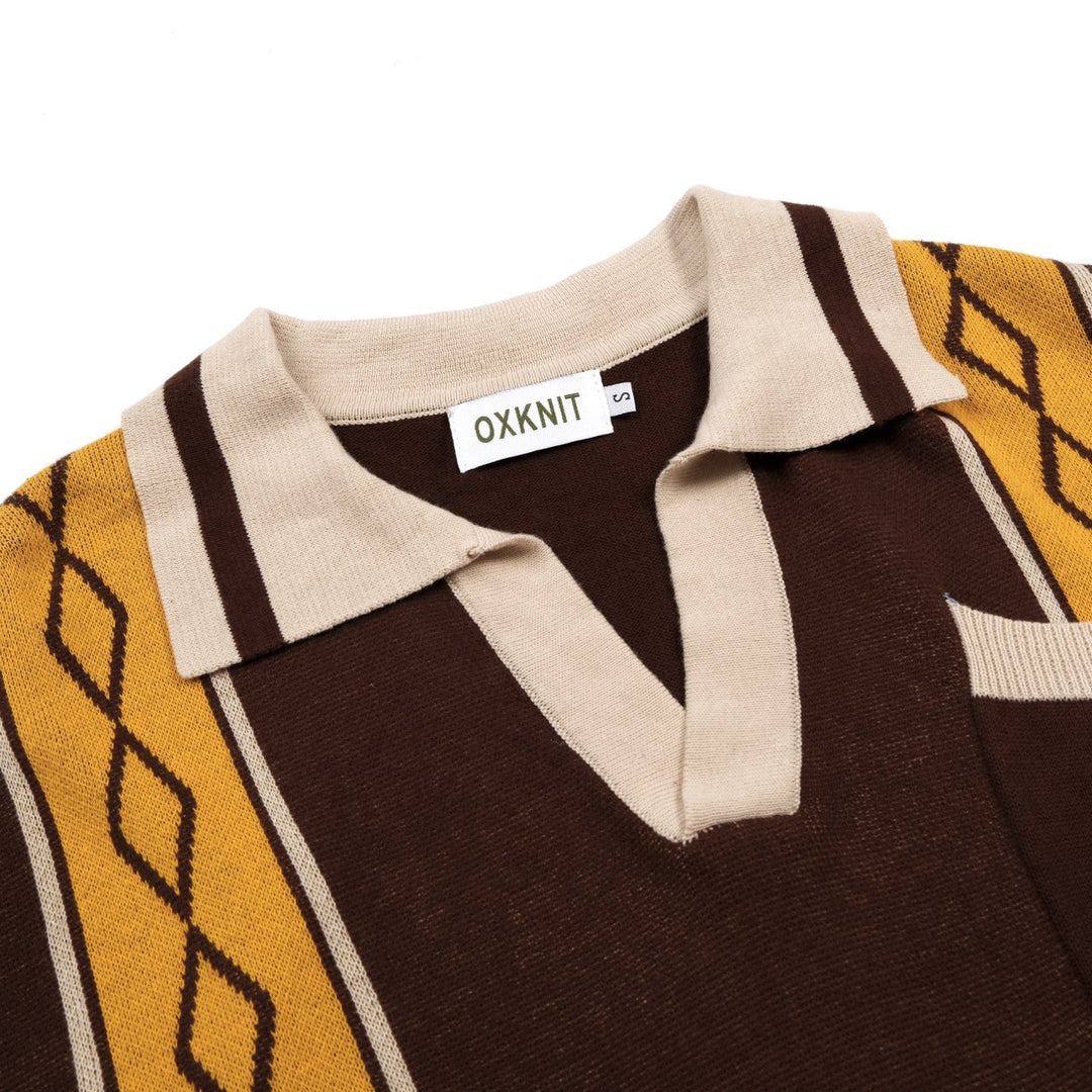 Men's Classic Artistic Brown Jacquard Polo Knit Shirt