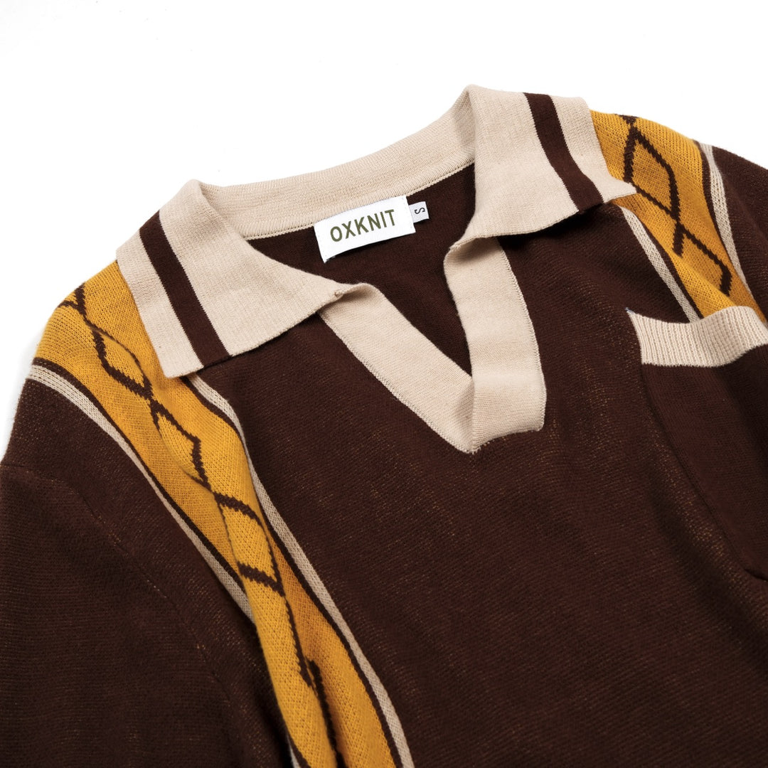 Men's Classic Artistic Brown Jacquard Polo Knit Shirt