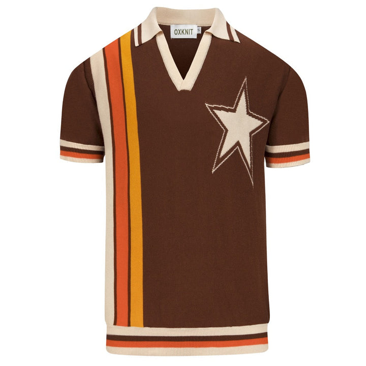 Polo en maille à rayures classiques marron pour homme avec motif étoile jacquard