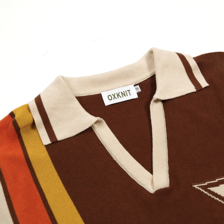 Polo en maille à rayures classiques marron pour homme avec motif étoile jacquard