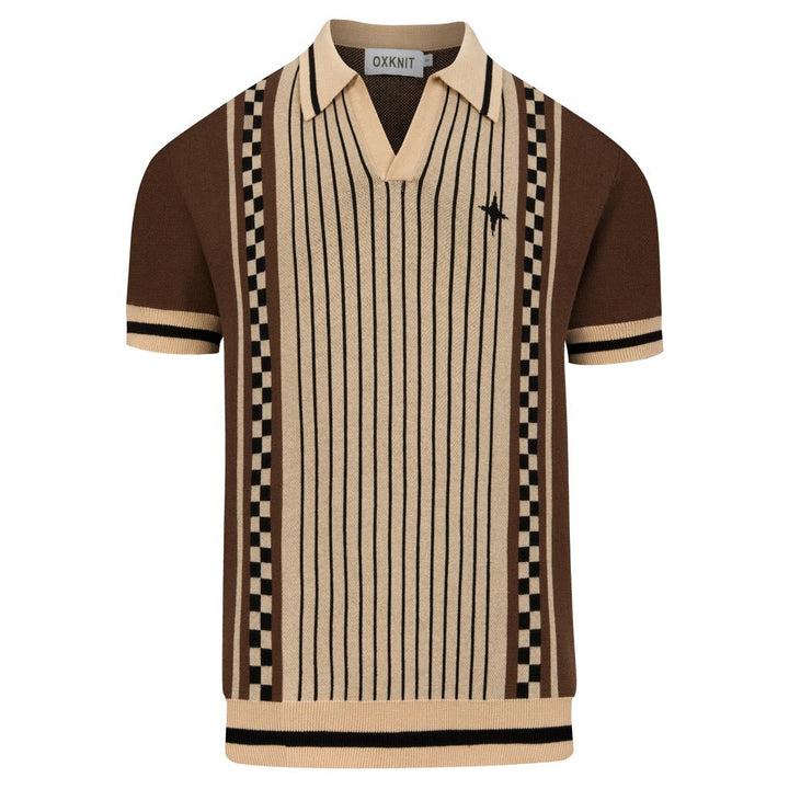 Herren Braun Gestreiftes Klassisches Künstlerisches Jacquard Polo Strickhemd