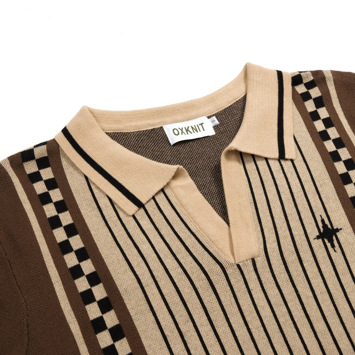 Herren Braun Gestreiftes Klassisches Künstlerisches Jacquard Polo Strickhemd