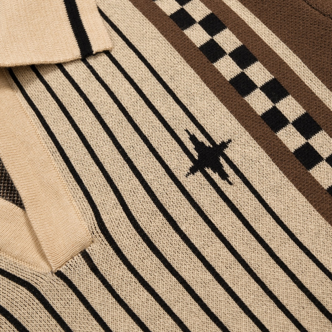 Herren Braun Gestreiftes Klassisches Künstlerisches Jacquard Polo Strickhemd