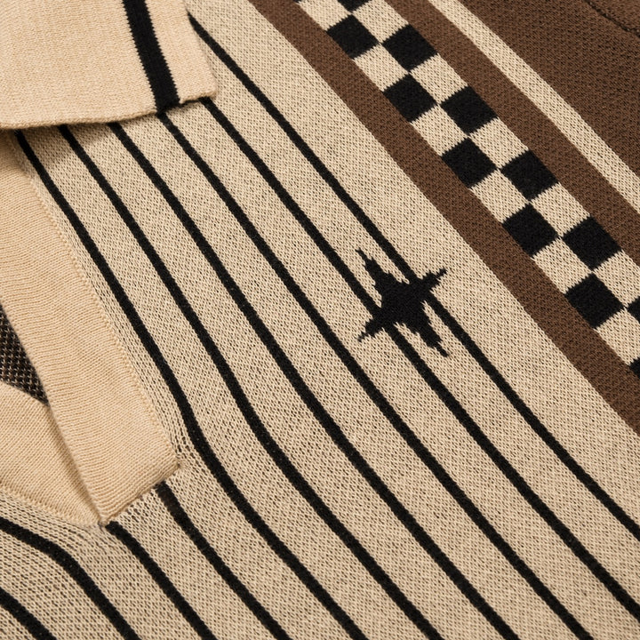 Herren Braun Gestreiftes Klassisches Künstlerisches Jacquard Polo Strickhemd