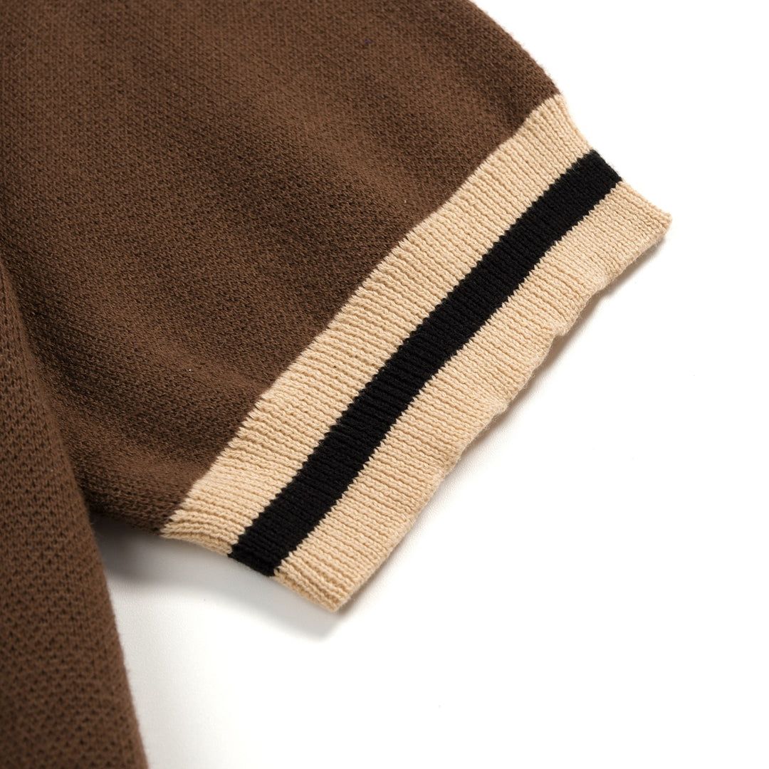 Herren Braun Gestreiftes Klassisches Künstlerisches Jacquard Polo Strickhemd