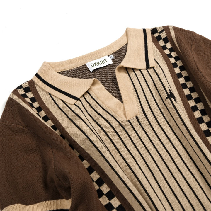 Herren Braun Gestreiftes Klassisches Künstlerisches Jacquard Polo Strickhemd