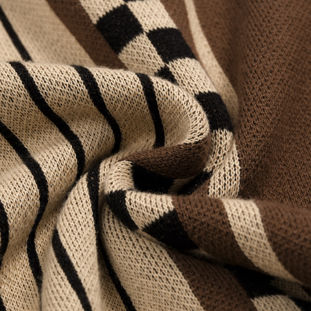 Herren Braun Gestreiftes Klassisches Künstlerisches Jacquard Polo Strickhemd