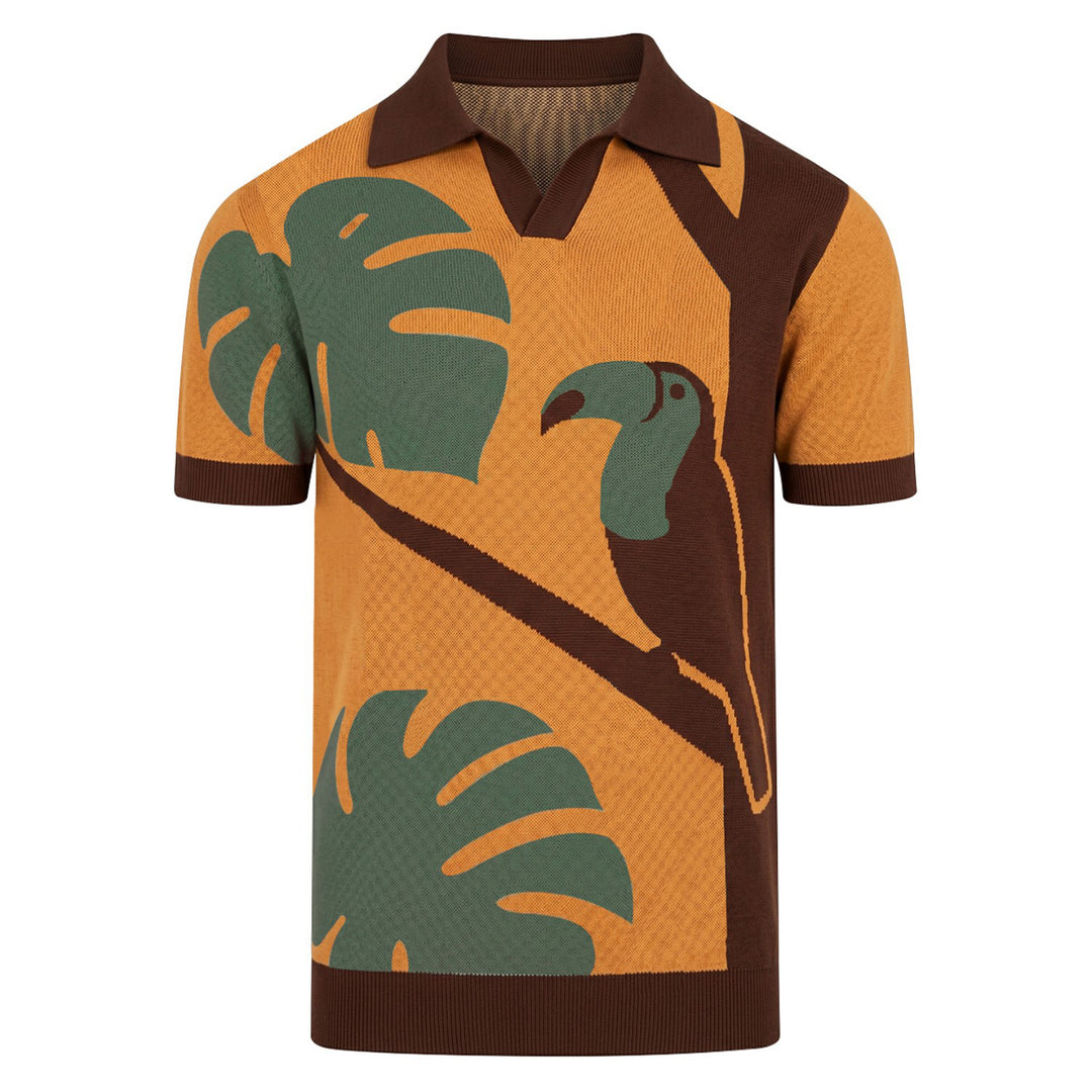 Polo de punto jacquard vintage a rayas color albaricoque para hombre