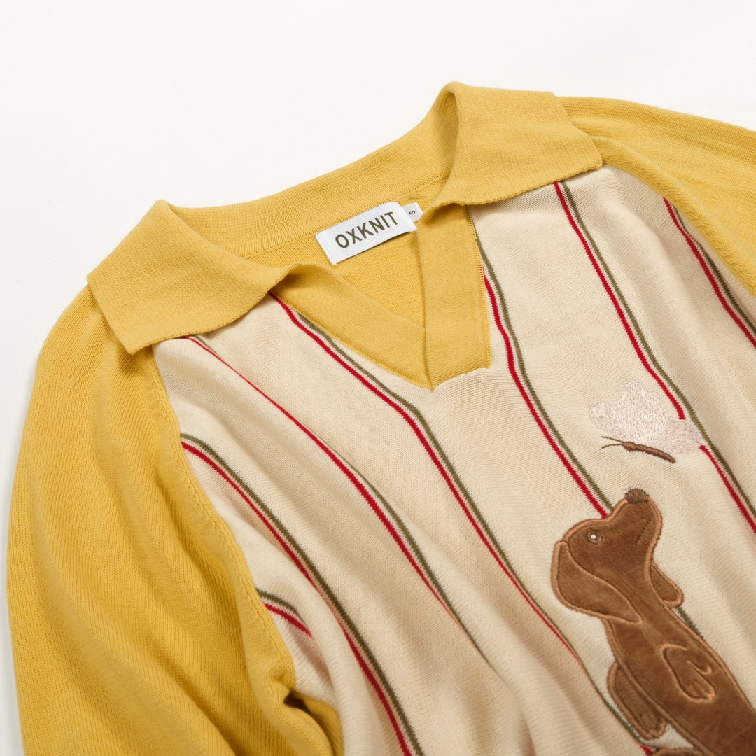 Polo de Malha Clássico Amarelo para Homem com Bordado de Cachorro
