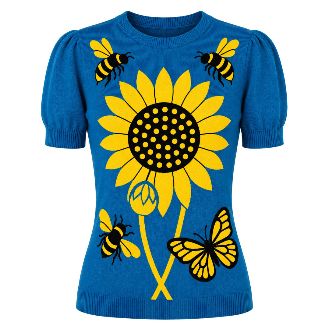 Bruin gestreept jacquardgebreid T-shirt voor dames