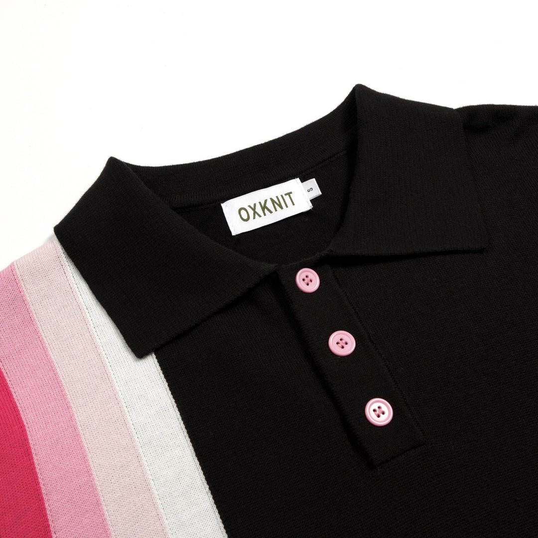 Men's Black Retro Casual Striped Jacquard Polo Knit Shirt