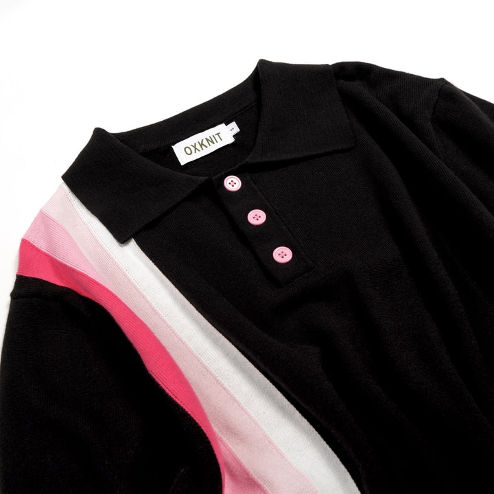 Men's Black Retro Casual Striped Jacquard Polo Knit Shirt