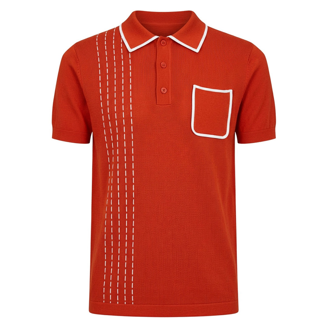 Men's Retro Red 70s Art Jacquard Polo Knit Shirt