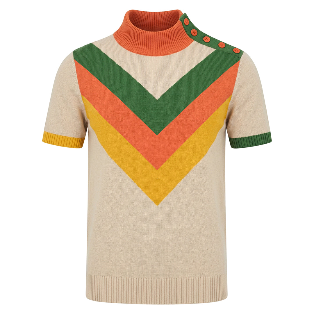Men's Apricot Retro Striped 70s Jacquard Knit Shirt