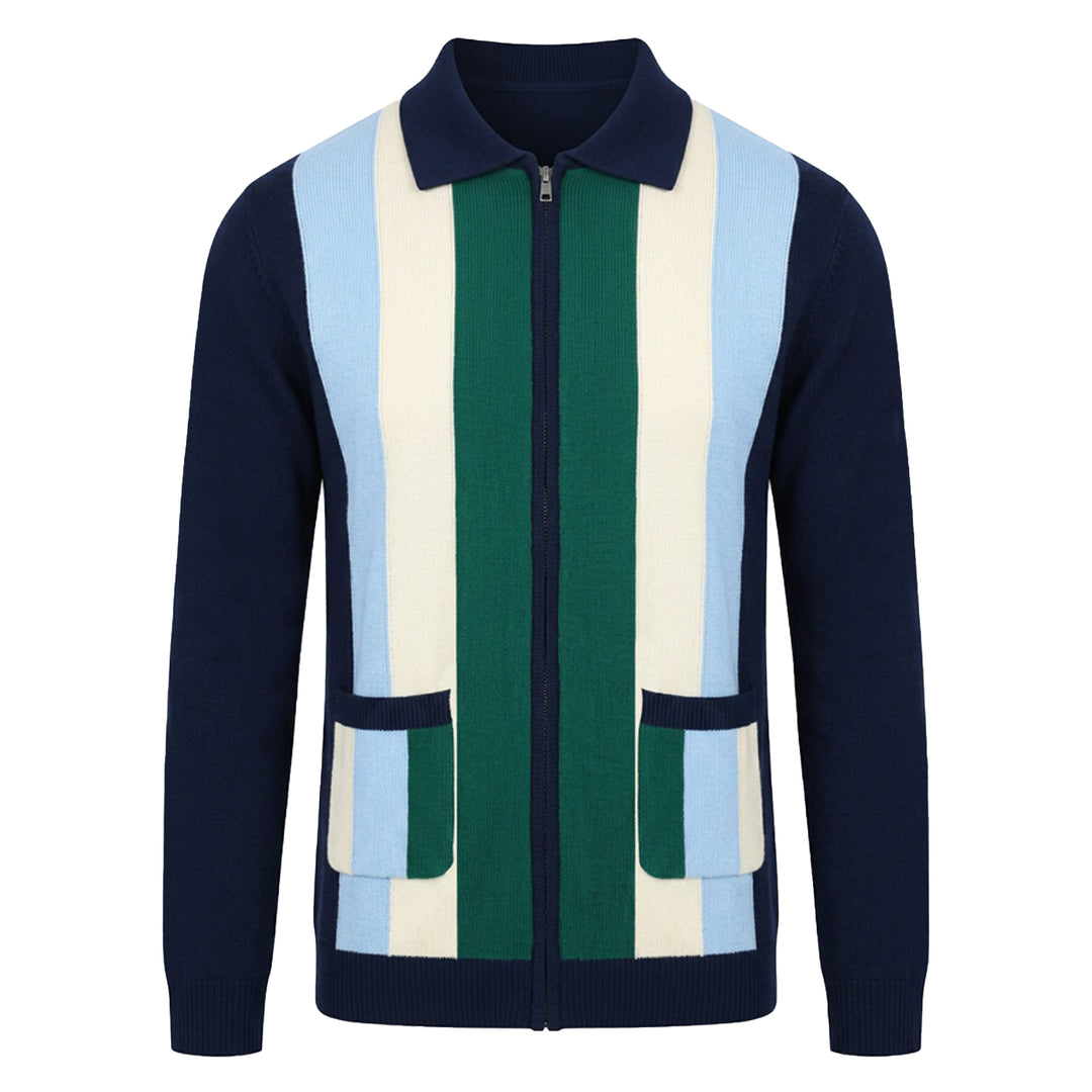 Men's British Retro Striped Dark Blue Art Jacquard Cardigan