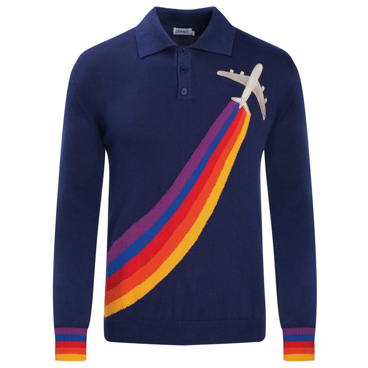 Men's Vintage British Dark Blue Airplane Embroidery Knit Polo
