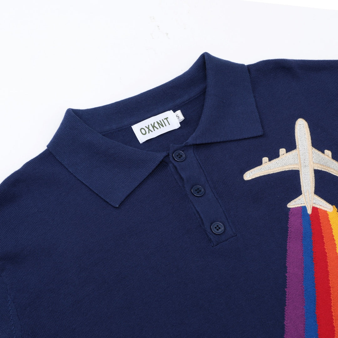Men's Vintage British Dark Blue Airplane Embroidery Knit Polo