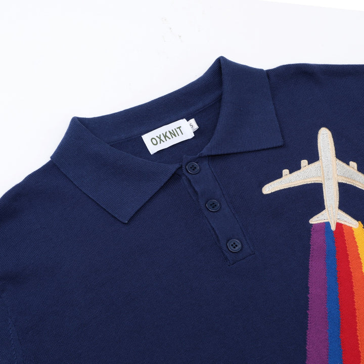 Men's Vintage British Dark Blue Airplane Embroidery Knit Polo