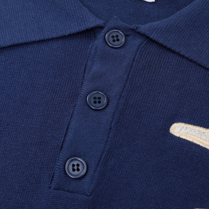 Men's Vintage British Dark Blue Airplane Embroidery Knit Polo