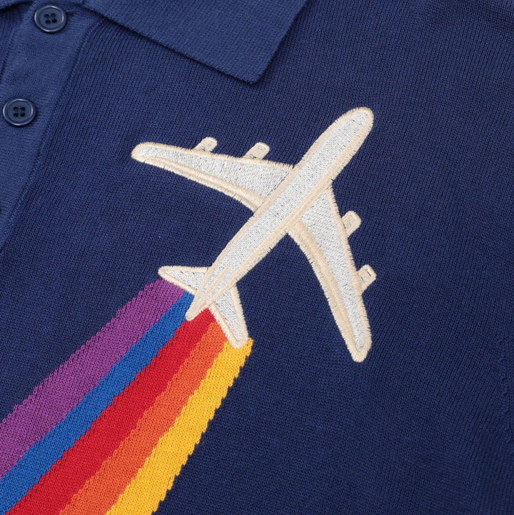 Men's Vintage British Dark Blue Airplane Embroidery Knit Polo