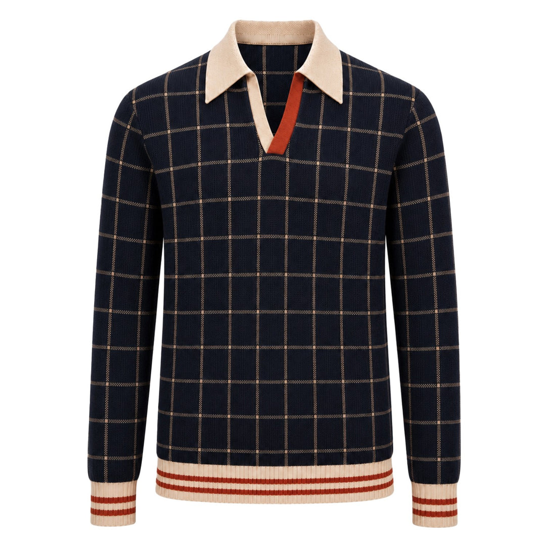 Men's Retro Dark Blue Classic Check British Knit Polo