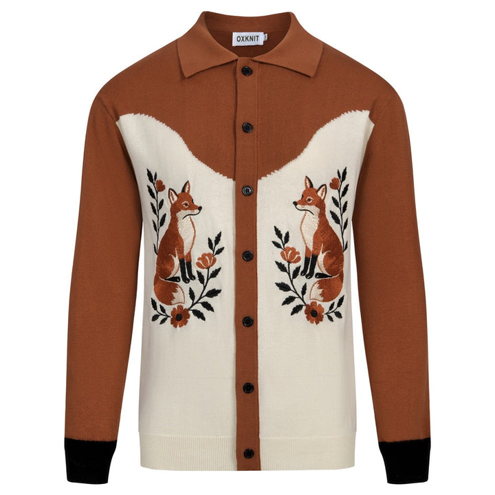 Men's British Brown Vintage Fox Embroidery Cardigan