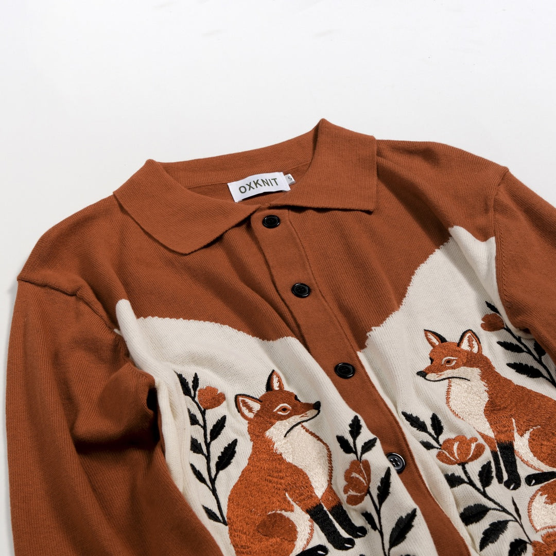 Men's British Brown Vintage Fox Embroidery Cardigan