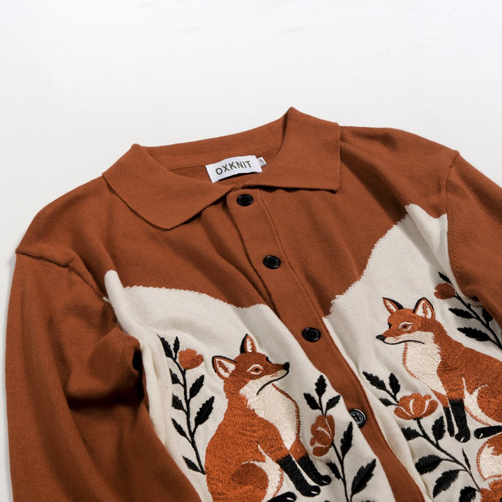 Men's British Brown Vintage Fox Embroidery Cardigan