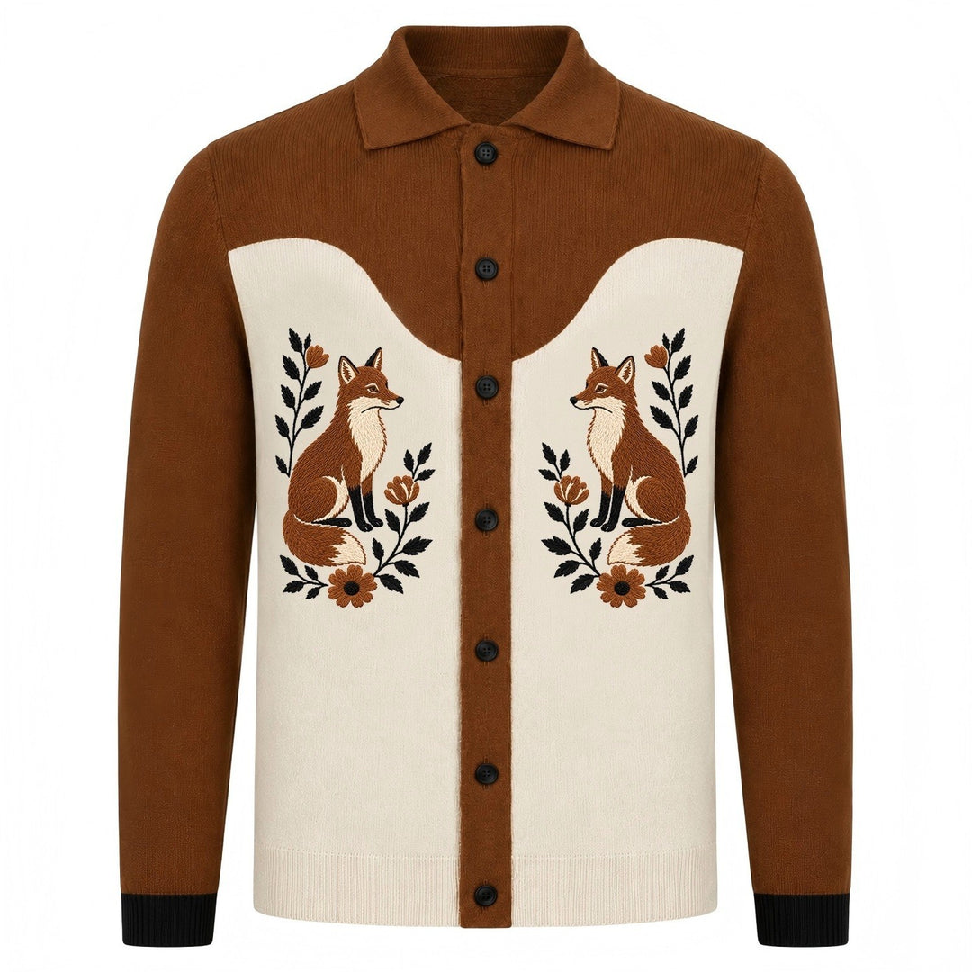 Men's British Brown Vintage Fox Embroidery Cardigan