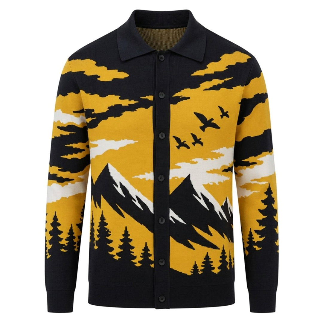 Men's Yellow Vintage Landscape Art Jacquard Cardigan