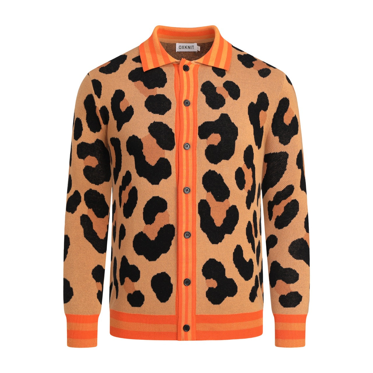 Men's Brown Vintage Leopard Print Art Jacquard Cardigan – OXKnit