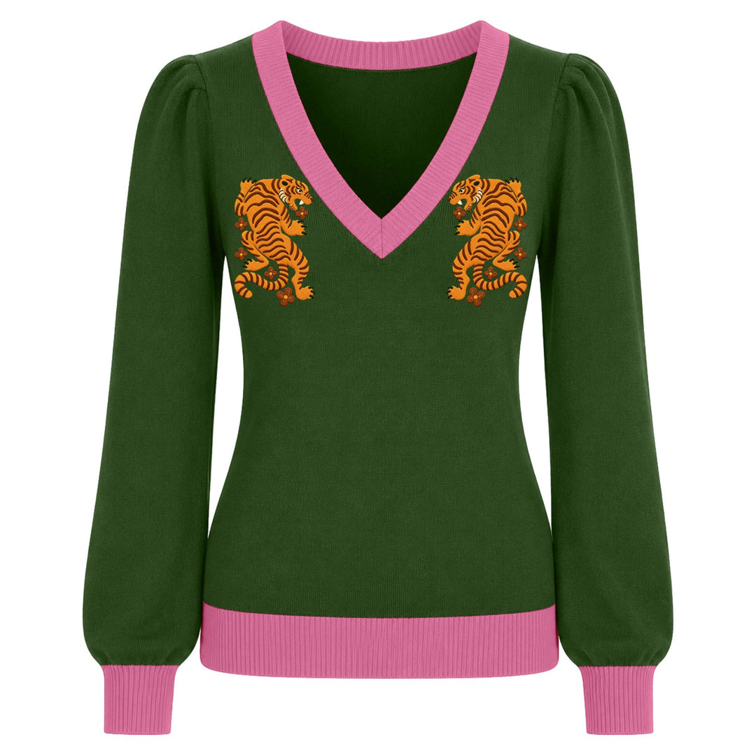 Dames Khaki Bulldog Jacquard Poot & Bot Geborduurde Gebreide Trui
