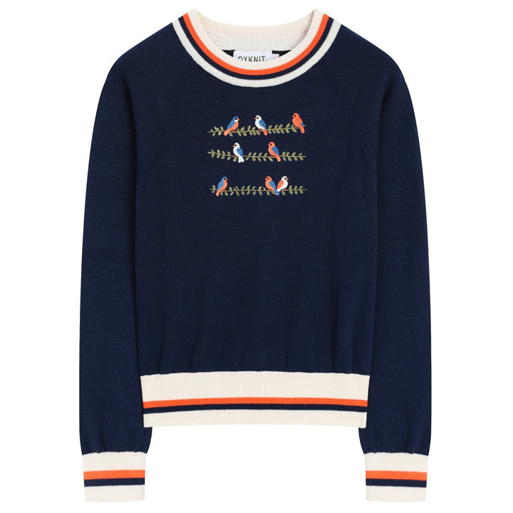 Maglione da donna anni '70 blu scuro con ricamo di uccelli