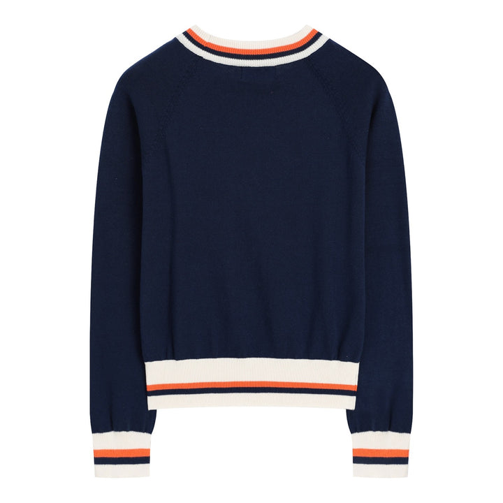 Maglione da donna anni '70 blu scuro con ricamo di uccelli