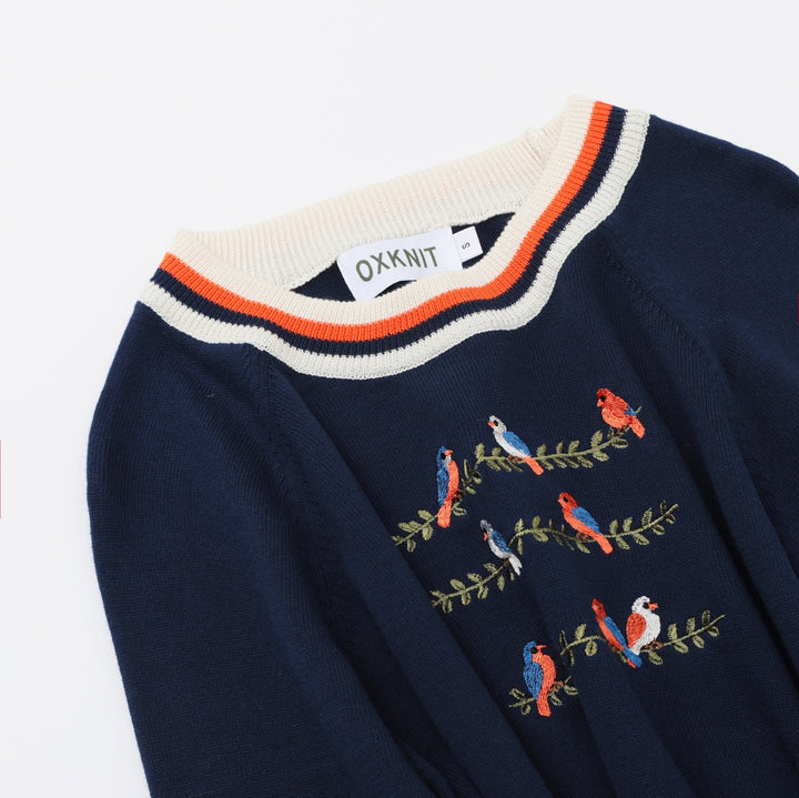 Maglione da donna anni '70 blu scuro con ricamo di uccelli