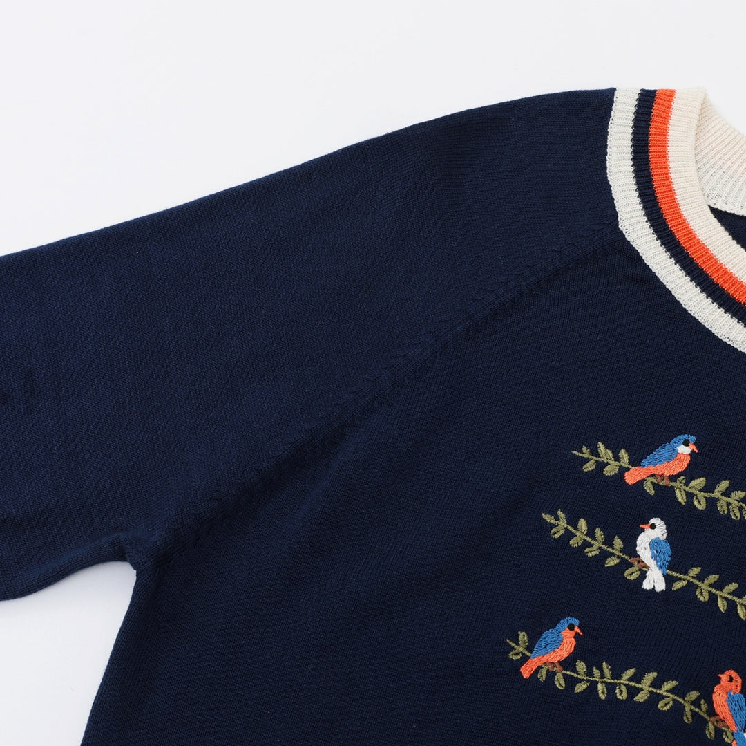 Maglione da donna anni '70 blu scuro con ricamo di uccelli