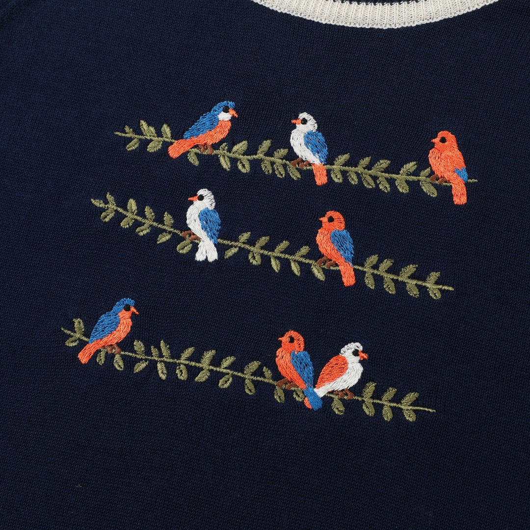 Maglione da donna anni '70 blu scuro con ricamo di uccelli