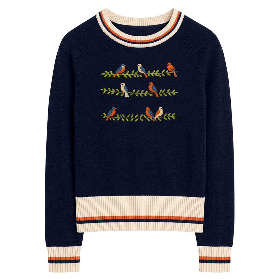 Women's 70s Retro Dark Blue Bird Embroidery Knitwear