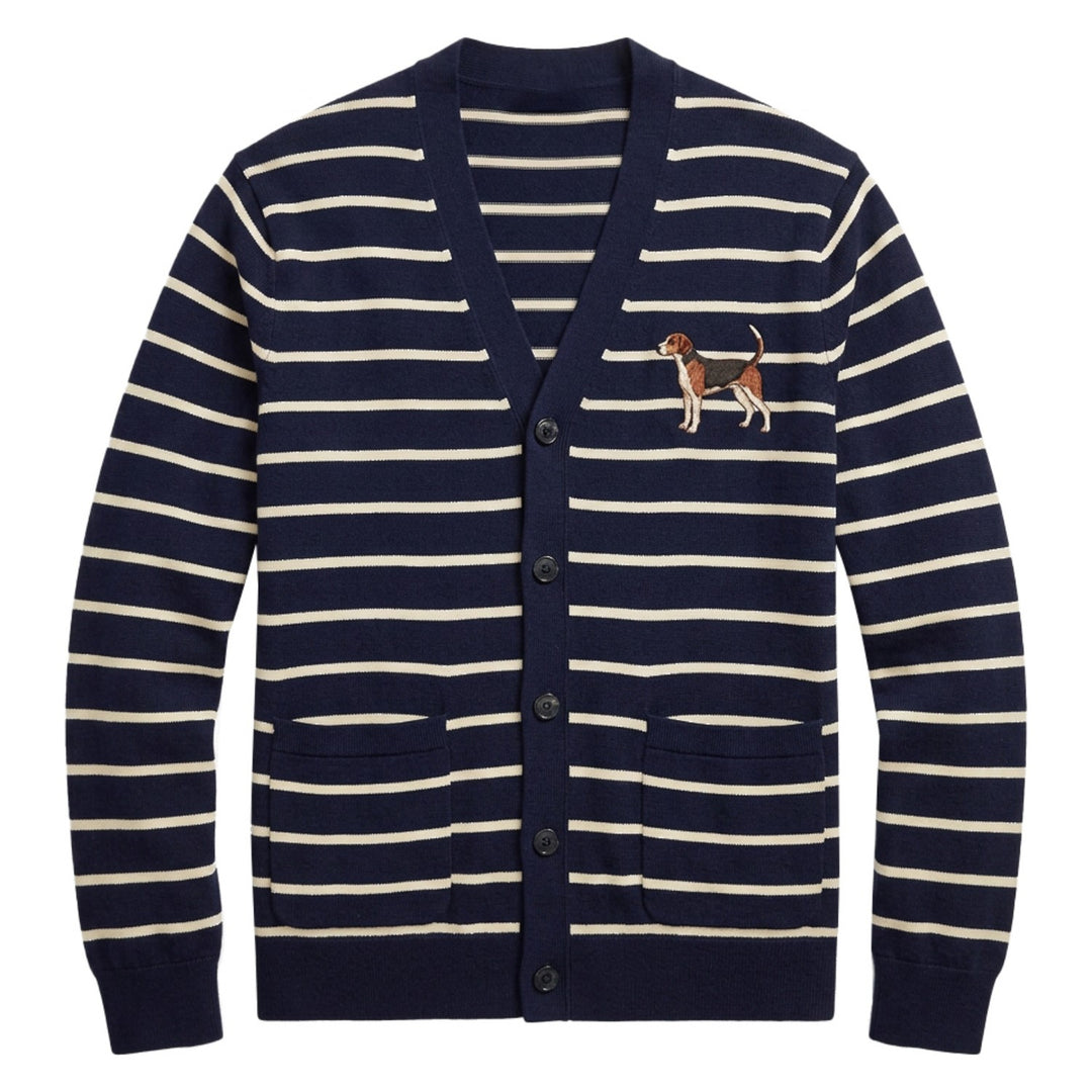 Men's Dark Blue Striped Dog Embroidered Knit Cardigan