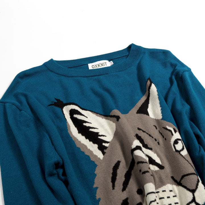 Men's Retro Dark Blue Preppy Animal Jacquard Knitwear