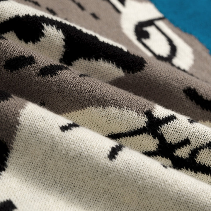 Men's Retro Dark Blue Preppy Animal Jacquard Knitwear