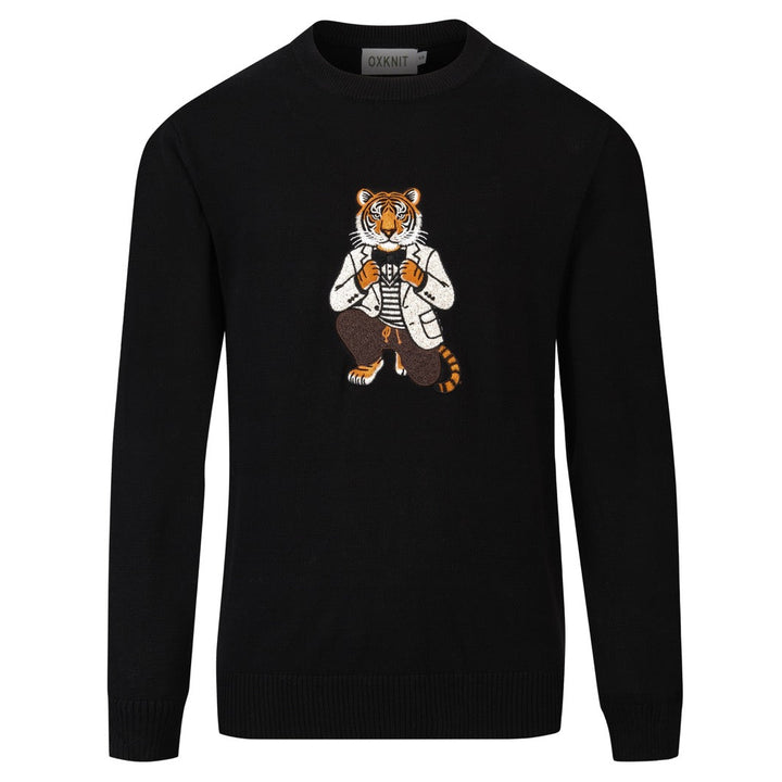 Herren Retro Schwarzer Klassischer Tiger Bestickter Strickpullover