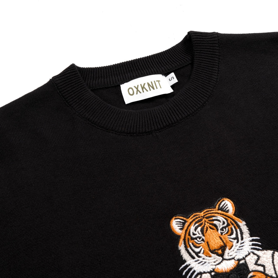 Herren Retro Schwarzer Klassischer Tiger Bestickter Strickpullover