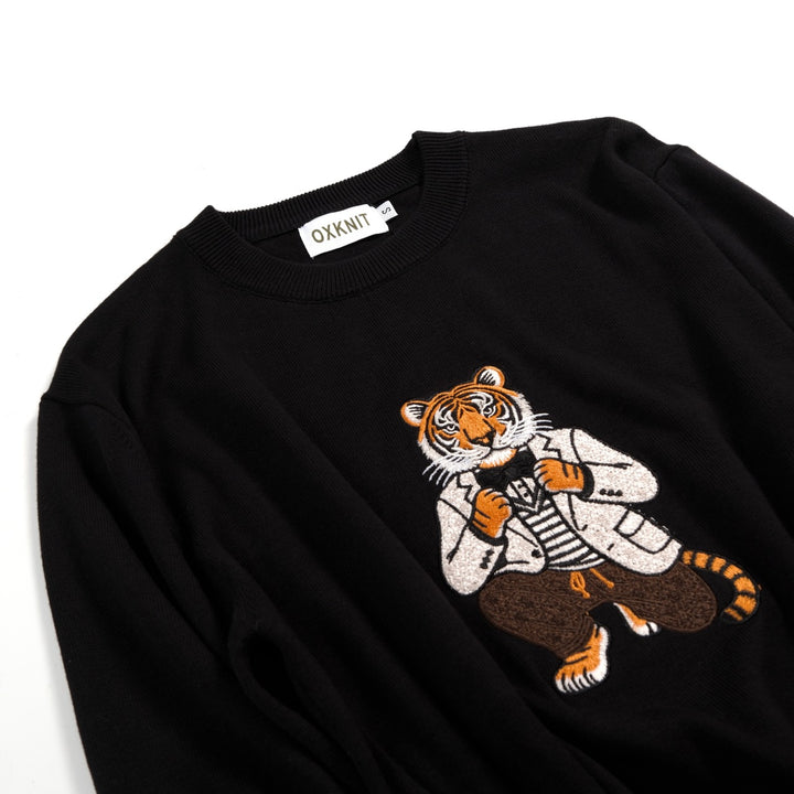 Herren Retro Schwarzer Klassischer Tiger Bestickter Strickpullover