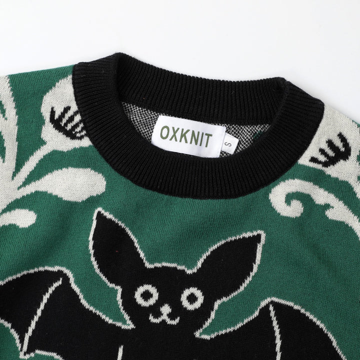 Damen Retro Grüner Fledermaus-Blumen Jacquard Strickpullover