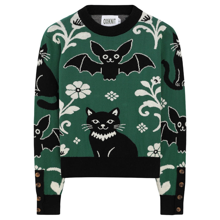 Damen Retro Grüner Fledermaus-Blumen Jacquard Strickpullover